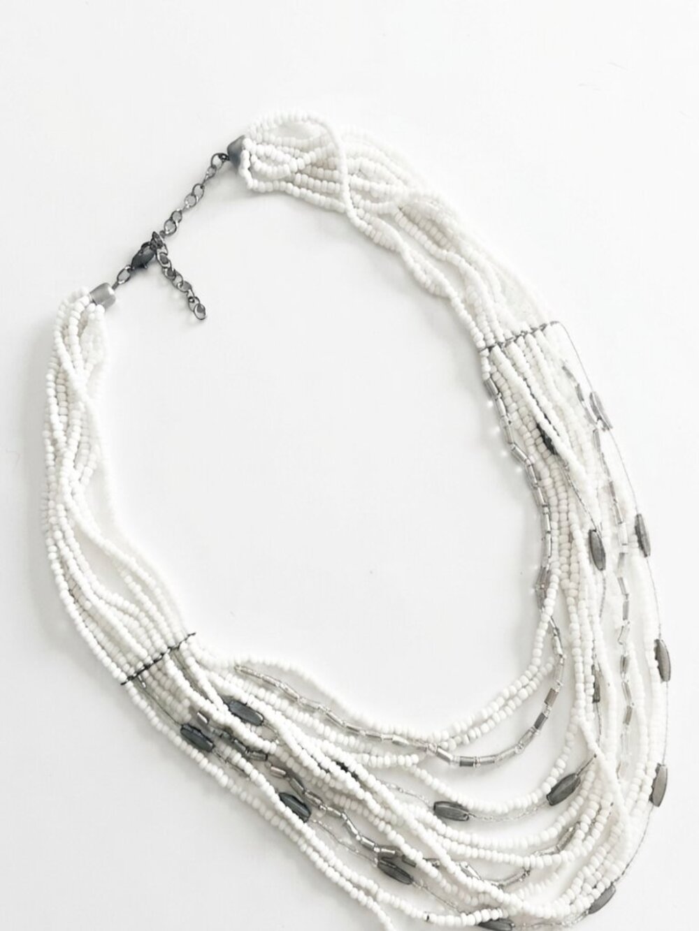 Multi-Strand White Beaded Necklace with Silver Accents